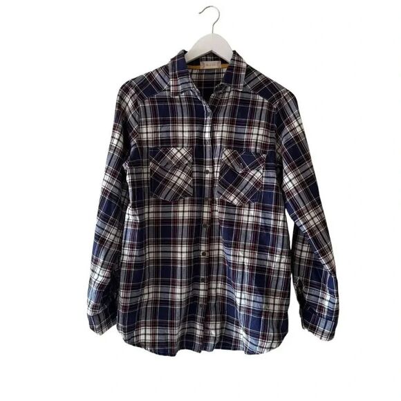Altar’d State Shirt Button Front Blue Plaid Flannel Mixed Media Lace SZ L #2315 - Picture 1 of 15